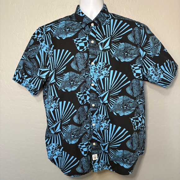 Volcom Classic Fit Black and Blue Graphic Short Sleeve Button Down Size XL - Picture 1 of 9